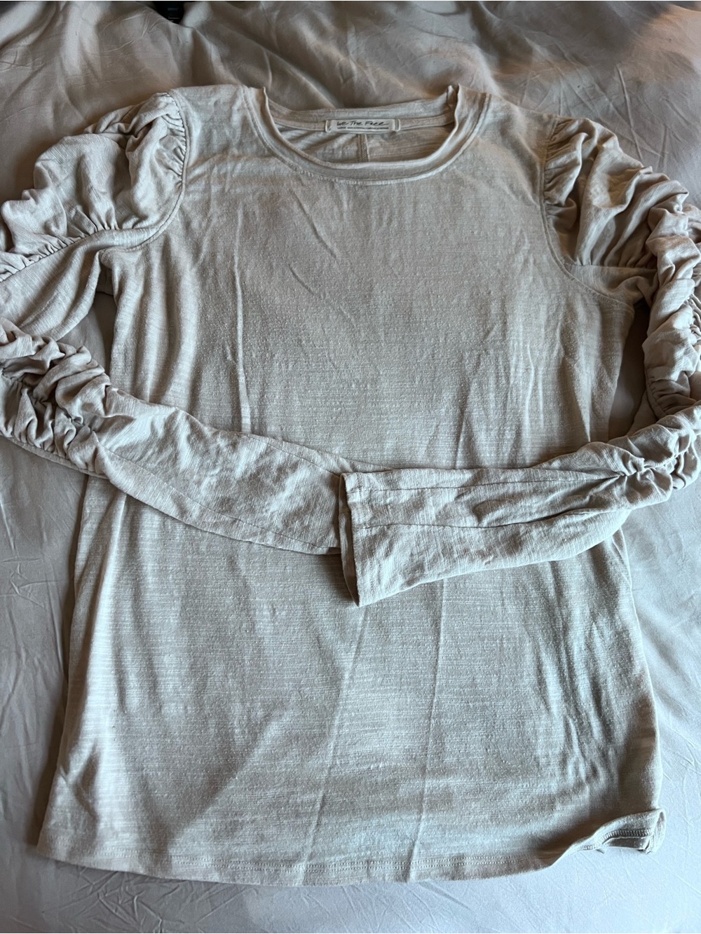 Free People Cream Ruched-Sleeve Long Sleeve Tee